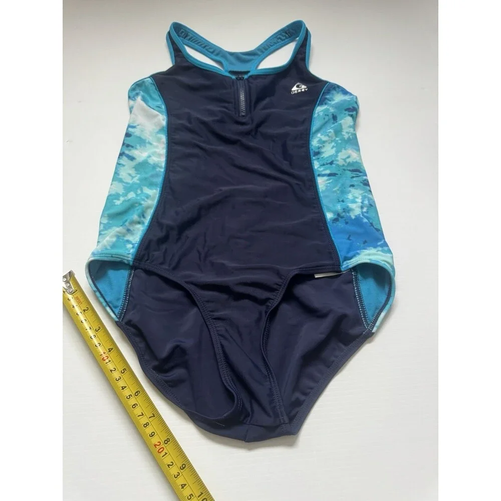 Gerry Girls Size 16 One Piece Swimsuit Navy Blue Turquoise Zip Front